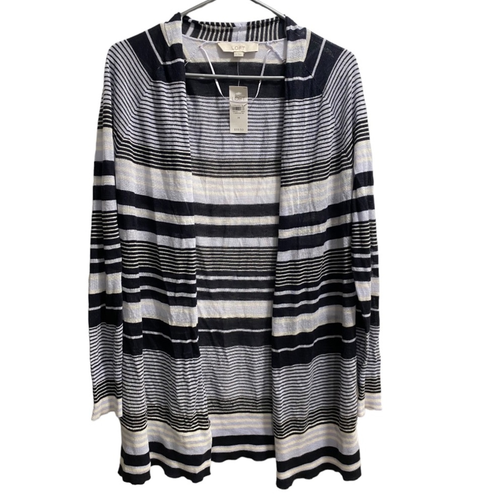 Loft Womens Knit Blue Striped Open Front Long Sleeve Cardigan Sweater sz M New